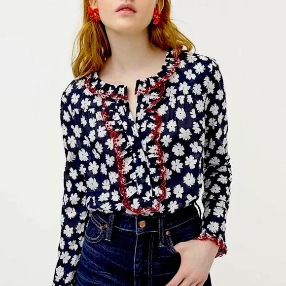 J. Crew Tops - J. Crew Embroidered Ruffle Blouse Scattered Daisy Print Preppy Size Medium
